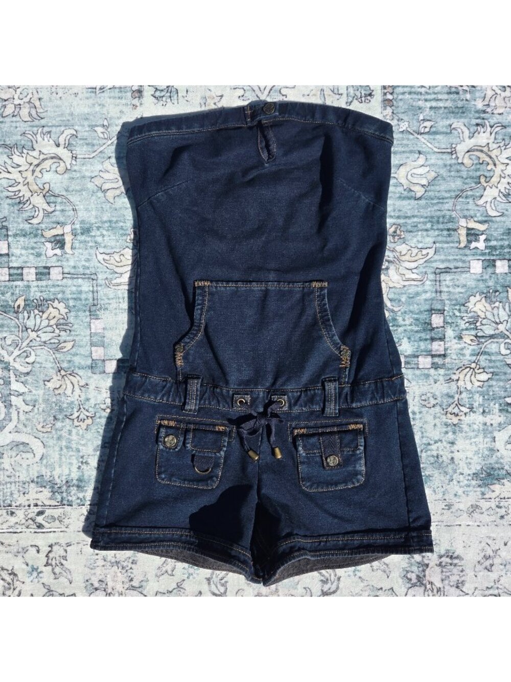 Y2K GUESS Dark Stretchy Denim Romper Strapless Micro Shorts Playsuit Size S
